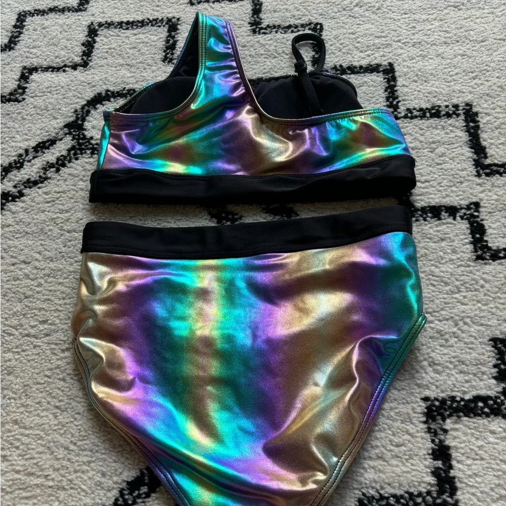 Justice Girls' Iridescent Rainbow Two-Piece Swim Set - Black Trim